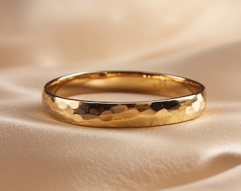 3.5mm Hammered Gold Wedding Band Dome Shaped – Real Solid 9k 14k 18k Yellow Rose White Gold Ring, Matte or Polished - Handmade