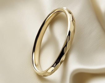 2mm Hammered Solid Gold Wedding Band D Shape - 9k 14k or 18k In Yellow Rose Or White Gold - Handmade