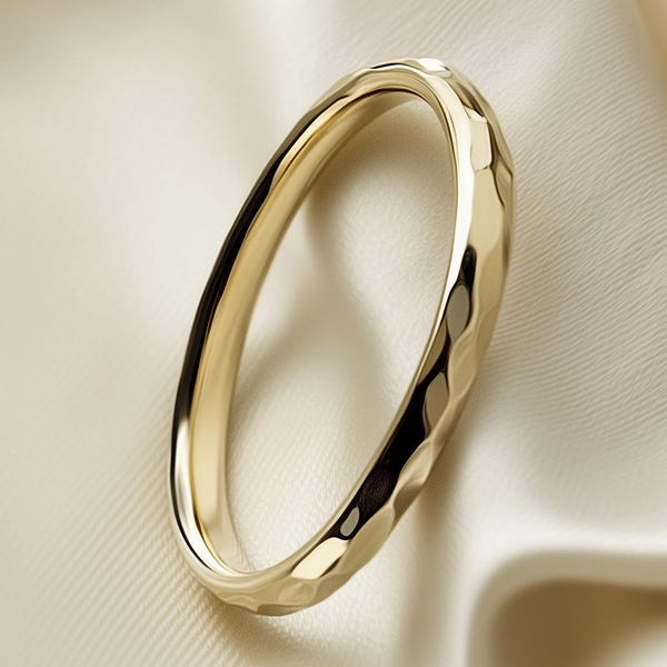 Alianza de boda de oro macizo martillado de 2 mm en forma de D (9k, 14k o 18k) en oro amarillo, rosa o blanco - Hecha a mano