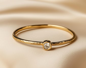 Handmade Hammered Diamond Solid Gold Ring for Women - 1.5mm Bezel Stacking Engagement Band 9k 14k 18k