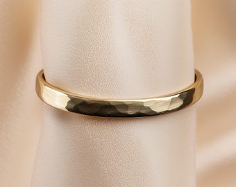 3mm Hammered Gold Wedding Ring, Flat Shaped Band, Solid 9ct 14ct 18ct Yellow Rose White Gold, Polished or Matte, Handmade