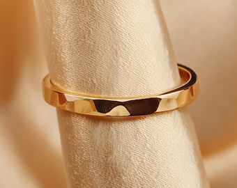 Handmade 2.5mm Flat Hammered Solid Gold Ring 9k 14k 18k Yellow Rose White Gold Wedding Stacking Band