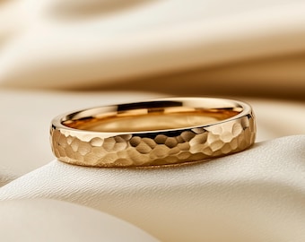 Hammered Gold Wedding Band 1–4mm | Dome Shaped | Solid 9k 14k 18k Yellow Rose White Gold Ring | Deep Textured Handmade Band