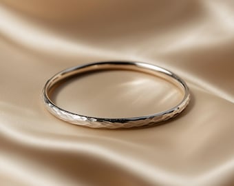 Slim 1mm Hammered Solid Gold Ring for Women - Handmade - D Shape Stacking Wedding Band 9k 14k 18k
