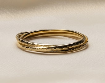 3 Interlocking Gold Rings · 1.5mm Hammered Style Band · Solid 9k 14k 18k Yellow Rose or White Gold · Handcrafted