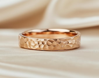 Deep Textured Hammered Flat Gold Wedding Band 1-4mm Solid 9k 14k 18k Yellow Rose White Gold Ring | Handmade