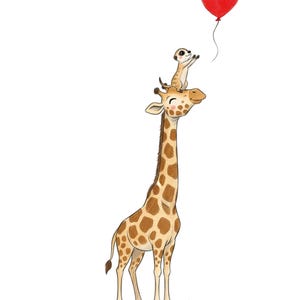 Peut inclure: Illustration fantaisiste d'une girafe tachetée et d'un long cou. Un suricate est perché sur la tête de la girafe, tendant la main vers un ballon rouge en forme de cœur. L'œuvre a un style doux et cartoon, idéal pour la décoration enfantine.