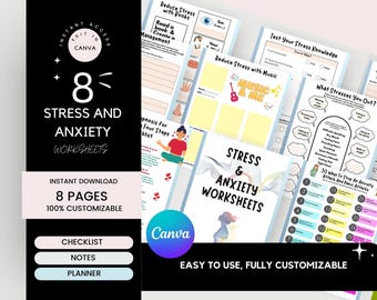 ストレスと不安のワークシート（Canvaで印刷可能）｜ガイド付きセラピーワークシート｜セルフケアとウェルネス