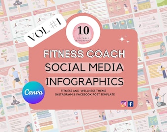 フィットネスコーチ向けソーシャルメディアテンプレート10選｜健康とフィットネスデザイン（Canva編集可能、デジタルダウンロード）