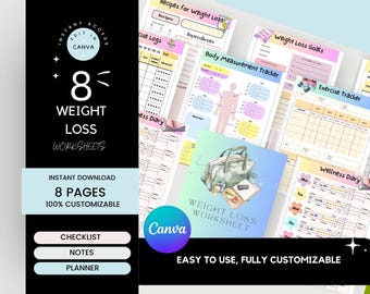 減量ワークシート Canva | 食事トラッカー、フィットネスログ、進捗シート | 健康とフィットネスコーチ