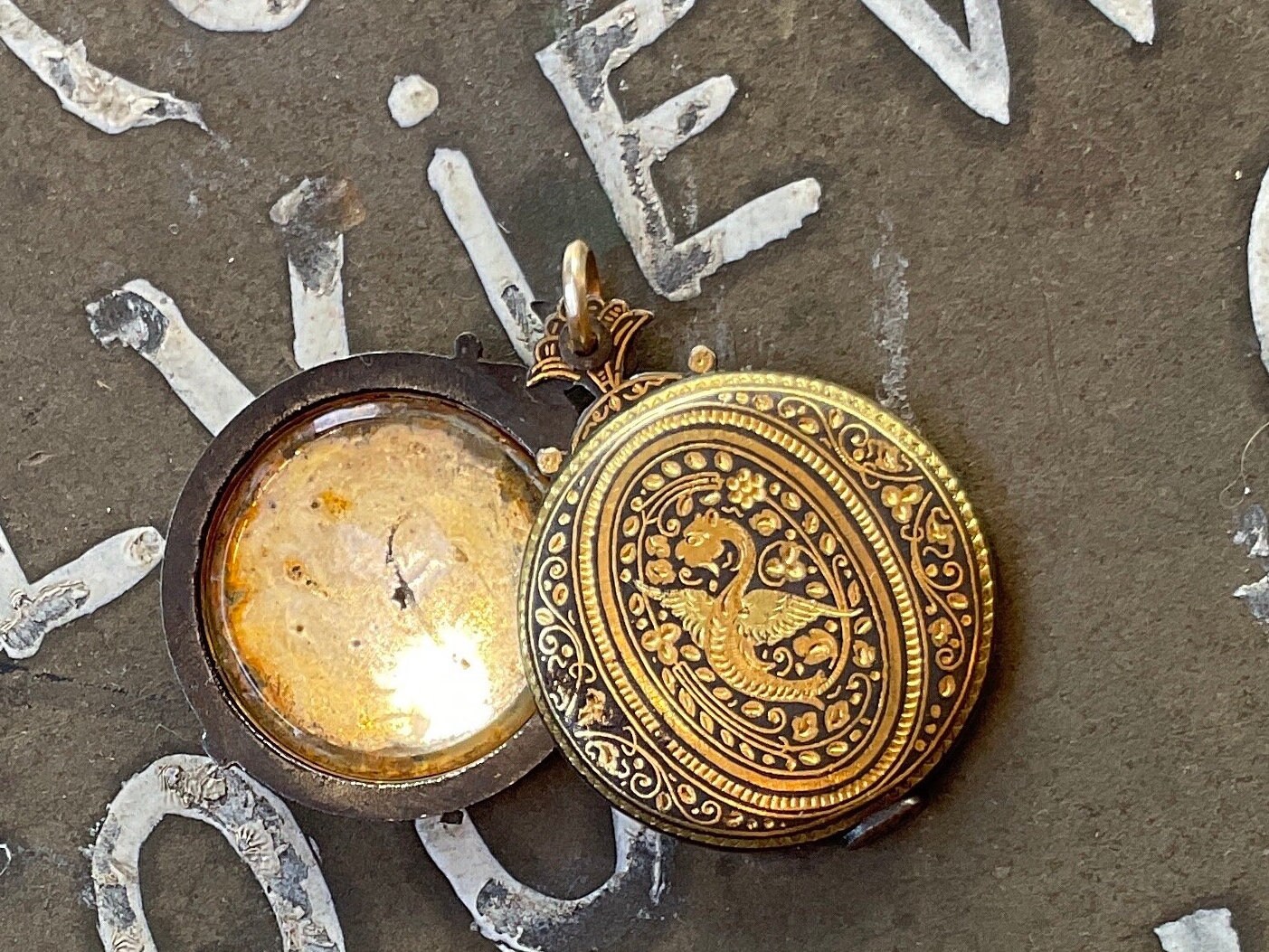 Victorian Niello Slide Locket, Iron and Gold With Mirror, Dragon Motif ...