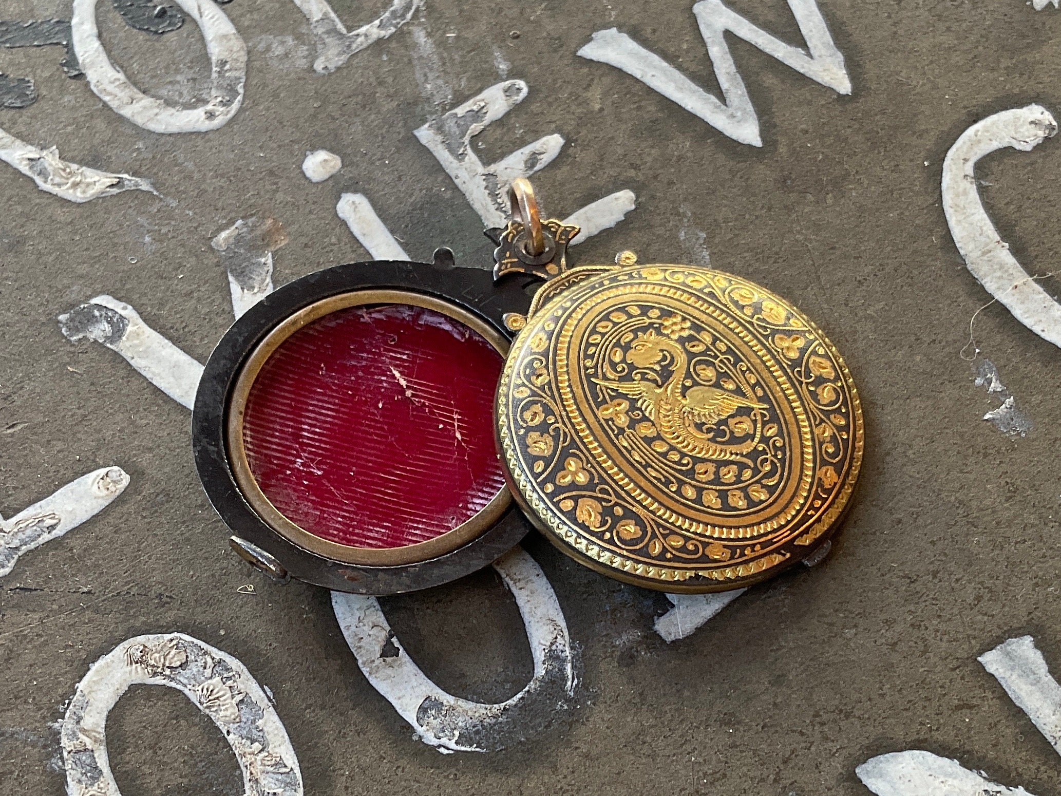 Victorian Niello Slide Locket, Iron and Gold With Mirror, Dragon Motif ...