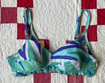 Vintage 1960s 1970s Designer Emilio Pucci Psychedelic Blue Green Mint Patterned Bra - Soft Cup Bralette