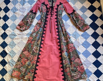 1960’s Gunne Sax of San Francisco Dress in Tomato Red and Floral Tapestry