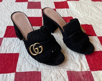 Designer Gucci Black Suede Fringe and Gold Brass Slide Chunky Heel Pumps, Made in Italy