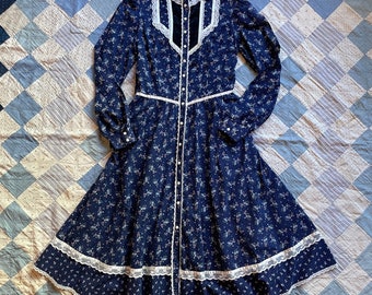 1970’s Gunne Sax by Jessica McClintock Navy Floral Prairie Dress