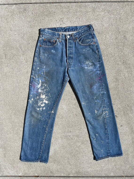 Mid Wash Paint Splatter Red Line Selvedge 501 Levi