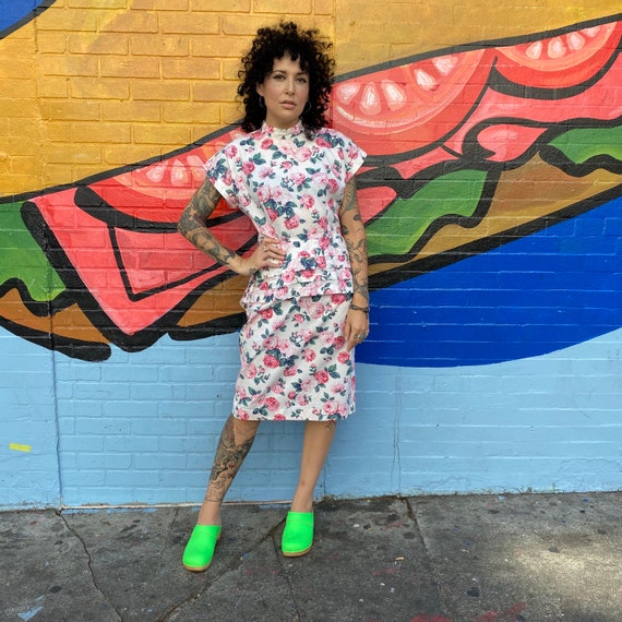 Floral shirt sleeve polished cotton dress