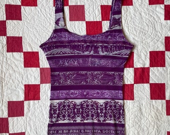 Vintage 1990s Designer Jean Paul Gaultier Soleil Purple and White Patterned Sheer Mesh Tank with Built-In Shelf Bra