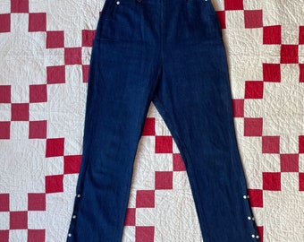 Vintage 1950s 1960s Side Zip Denim Western Pants - Blue Jeans with White Pearl Snaps & Pockets