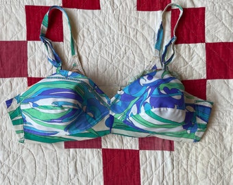 Vintage 1960s 1970s Designer Emilio Pucci Psychedelic Blue Green Mint Patterned Bra - Soft Cup Bralette