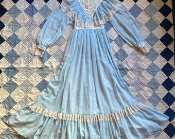1970’s Gunne Sax by Jessica McClintock Empire Waist, Sheer Baby Blue and Lace Dress