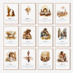 May include: A collection of twelve framed watercolour prints depicting biblical scenes. Each print includes a Bible verse. The artwork uses a warm colour palette of browns, golds, and blues. The frames are a light wood colour.