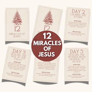 Op de afbeelding: Een set kaarten met de tekst "12 Wonderen van Jezus" in een cirkelvormig ontwerp. Elke kaart bevat een kerstboomillustratie en tekst die een wonder beschrijft, inclusief schriftuur en reflectievragen.