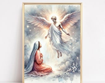 Aankondigingskunst Maagd Maria en engel Gabriël | Katholieke muurdecoratie | Religieus schilderij moeder van Jezus | Digitale download christelijk cadeau