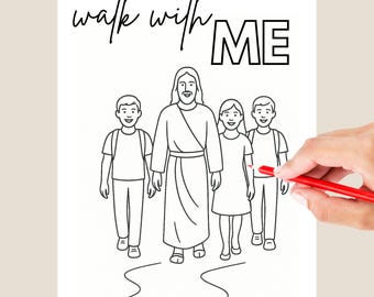 Página para colorir com o tema "Caminhe Comigo" da Igreja de Jesus Cristo dos Santos dos Últimos Dias para Jovens (2026) | Jesus caminhando com as crianças | Folha de Escrituras para imprimir