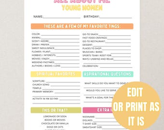 Editable Young Women Questionnaire Form, LDS YW Get to Know You Sheet, All About Me Survey Printable, Secret Sister Info Page Download