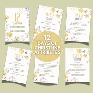 May include: A set of 12 cards with floral and butterfly accents, each featuring a different Christlike attribute. The cards include text such as "Day 1 Charity" and "Day 2 Humility", with related scripture and challenges. The cards are arranged on a light background.