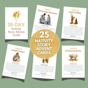 Puede incluir: Un conjunto de 25 tarjetas de Adviento de la historia de la Natividad. Cada tarjeta presenta un número de día, un pasaje de las Escrituras y una indicación de reflexión. Las tarjetas tienen ilustraciones de escenas y figuras bíblicas.