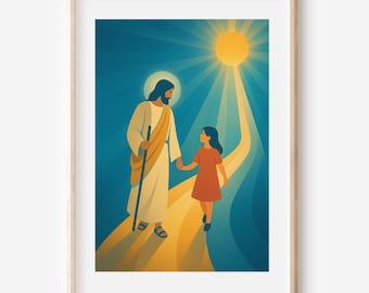 Peut inclure: Une impression d'art encadrée représentant une figure en robes blanches avec un halo, tenant la main d'une fille en robe rouge. L'œuvre présente un ciel ensoleillé et un chemin menant au soleil, avec un cadre en bois.