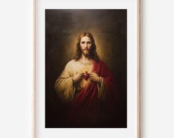 Heiliges Herz von Jesus-Druck, katholische Wandkunst, traditionelle christliche Malerei, hingebungsvolles religiöses Wohnkultur-Weinlese-Christus-Porträt