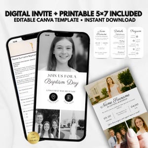 May include: Digital baptism invitation template with a photo of a smiling young person. The invitation includes details, a program, and a QR code for directions and RSVP. The text reads "Join us for a Baptism Day."