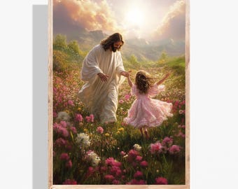 A Dance of Grace Jesus and Little Girl Painting, Christian Kids Wall Art, LDS Baptism Confirmation Gift, Modern Faith Art Printable