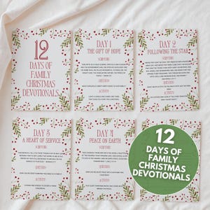 May include: Set of six Christmas devotional cards with a festive design. Each card features a title, scripture, question, and activity. The cards are decorated with red berries and green leaves. The text on the cards reads "12 Days of Family Christmas Devotionals."