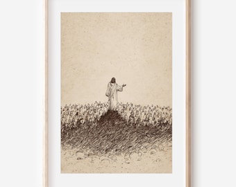 Jesus Teaching Crowd Print | Sermon on the Mount Line Art | Minimalist Bible Sketch | Christian Wall Decor | Gospel Digital Download