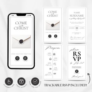 May include: A digital invitation design with a minimalist aesthetic. The design features a smartphone displaying the invitation, along with additional cards. The invitation includes the text "Come Unto Christ" and RSVP details. The design is in black and white.