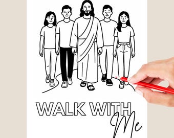 Página para colorir com o tema "Caminhe Comigo" da Igreja SUD para jovens em 2026 | Caminhe com Cristo Jesus com os jovens | Folheto bíblico para imprimir YTC02-02