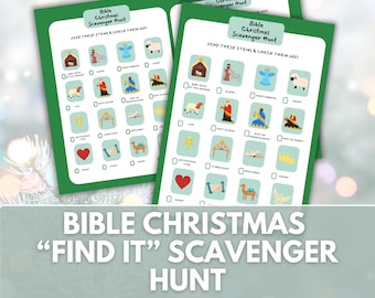 May include: Two green-bordered cards with a Bible Christmas Scavenger Hunt theme. Each card features illustrations of religious symbols and objects, with check boxes. The cards are labelled "Bible Christmas Scavenger Hunt" and "Find These Items & Check Them Off!"