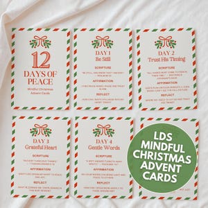 May include: Six Christmas advent cards in red, green, and white. Each card has a day number, scripture, affirmation, and reflection prompt. A green circular sticker reads "LDS Mindful Christmas Advent Cards".
