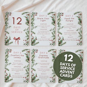 May include: Set of 12 Days of Service Advent Cards. Each card features a daily challenge, scripture, and reflection prompt. The cards are decorated with a festive green and red botanical border and a red bow.