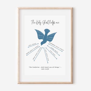 May include: A framed print with a light wood frame. The print features a blue dove illustration with text that reads "The Holy Ghost helps me." Additional text includes "Feel Peace," "Know What is Right," and "Make Good Choices."