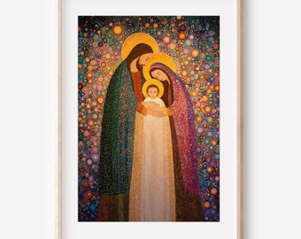 Stampa artistica in mosaico dorato della Sacra Famiglia, arte murale cristiana in stile Klimt, dipinto moderno della Sacra Famiglia, regalo, arredamento per la casa cattolico da scaricare