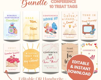 LDS General Conference Treat Bag Tags Bundle, 10 Printable Snack Labels, Editable Canva Ministering Tags, Youth Primary Activity Handouts