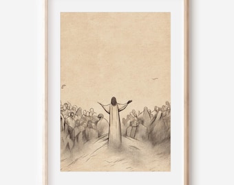 Sermon on the Mount Art Print | Jesus Preaching to the Multitude | Minimalist Bible Illustration | Christian Digital Wall Decor