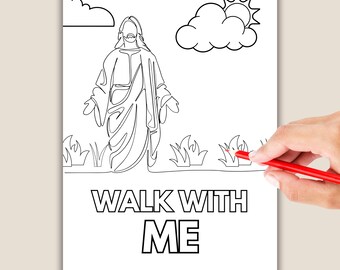 Página para colorir do tema "Caminhe Comigo" da Igreja de Jesus Cristo dos Santos dos Últimos Dias para Jovens (2026) | Jesus em pé orando no campo | Folha de Escrituras para imprimir