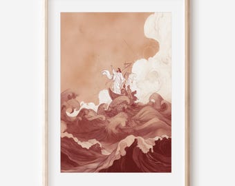 Lámina grabada «Jesús calma la tempestad», arte mural cristiano impactante, ilustración de una historia bíblica, descarga digital de las Escrituras SUD.